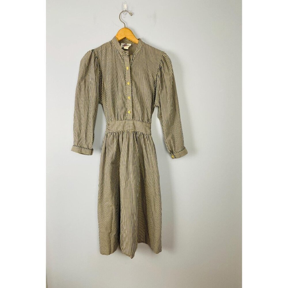 Vintage Lanz Originals Blue and White Striped Midi Dress, XS/S 1970s Long Sleeve
